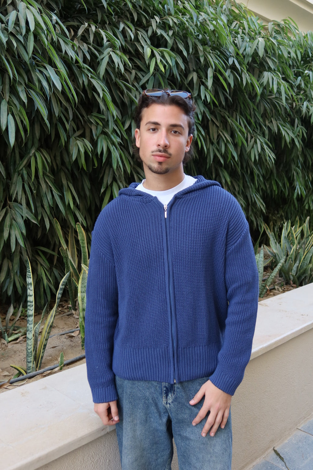 Blue zip up knitted jacket