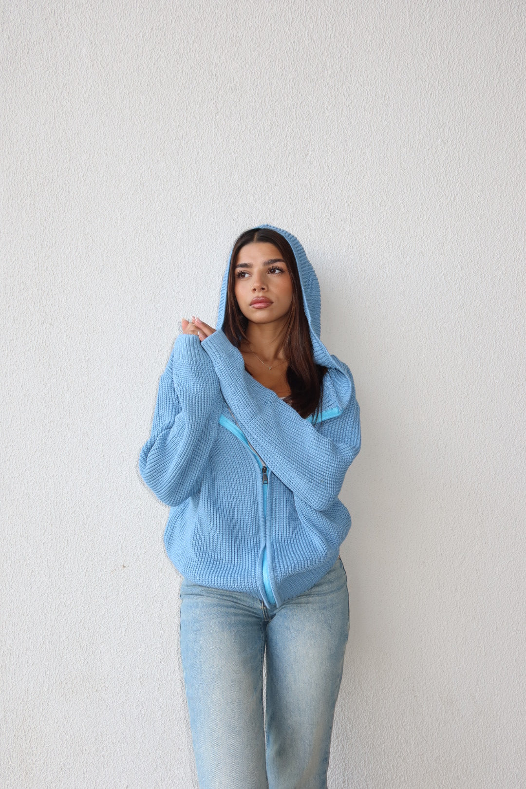 Baby blue zip up knitted jacket