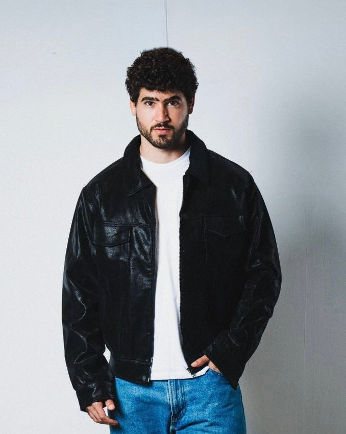 Men black leather jacket