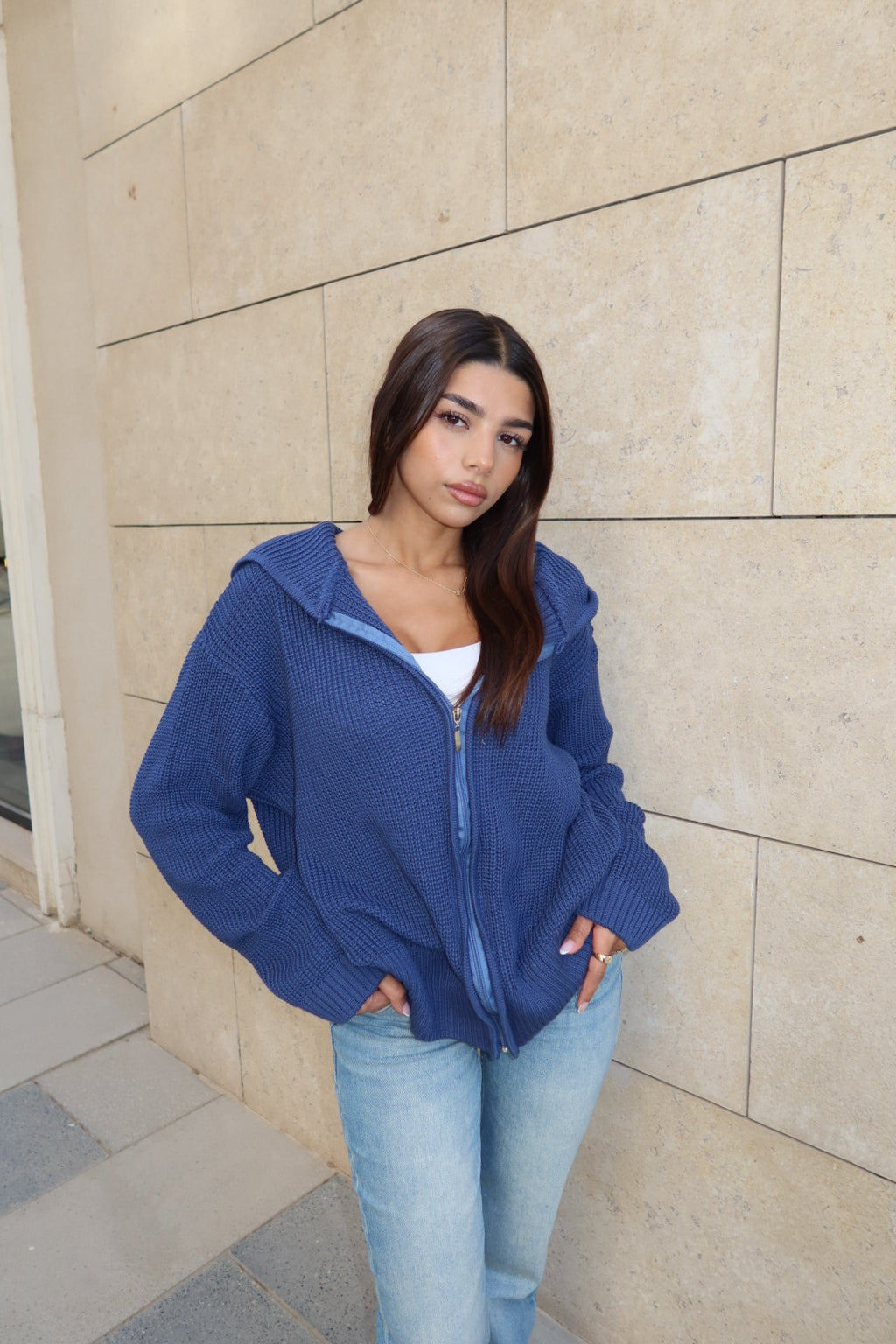 Blue zip up knitted jacket