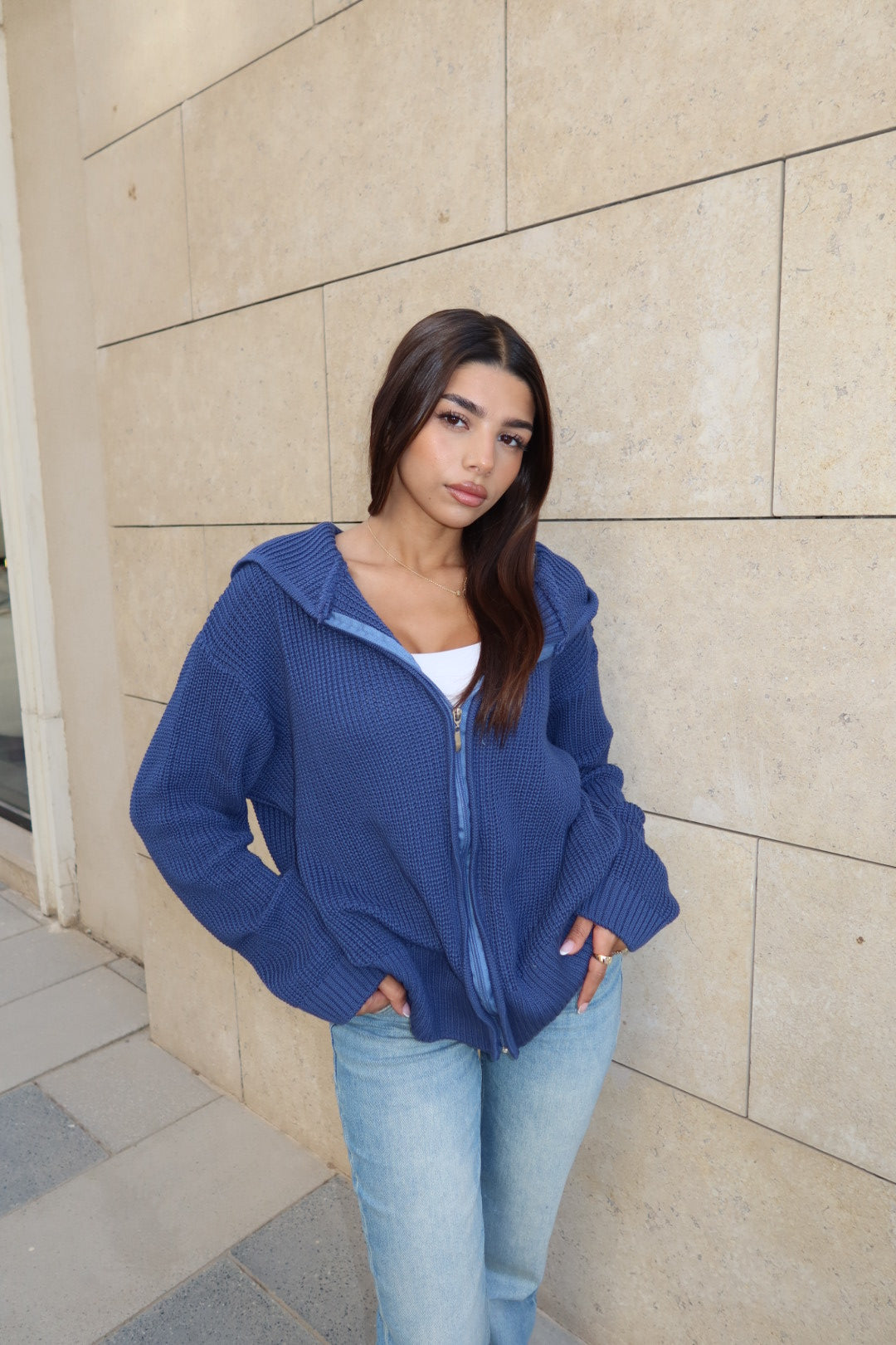 Blue zip up knitted jacket