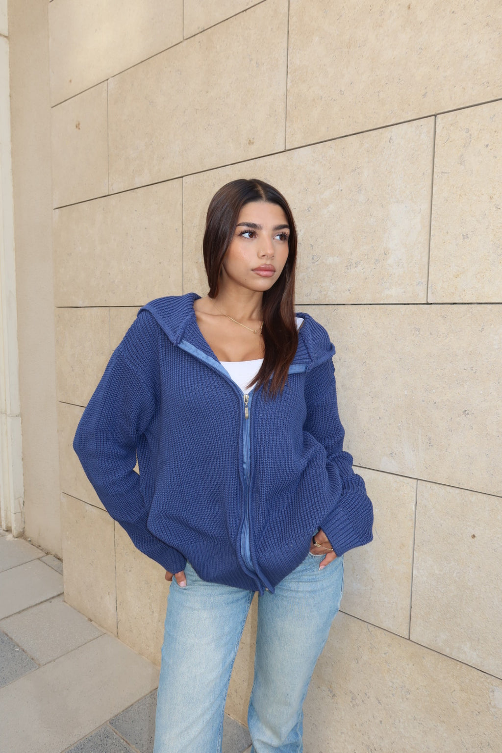 Blue zip up knitted jacket