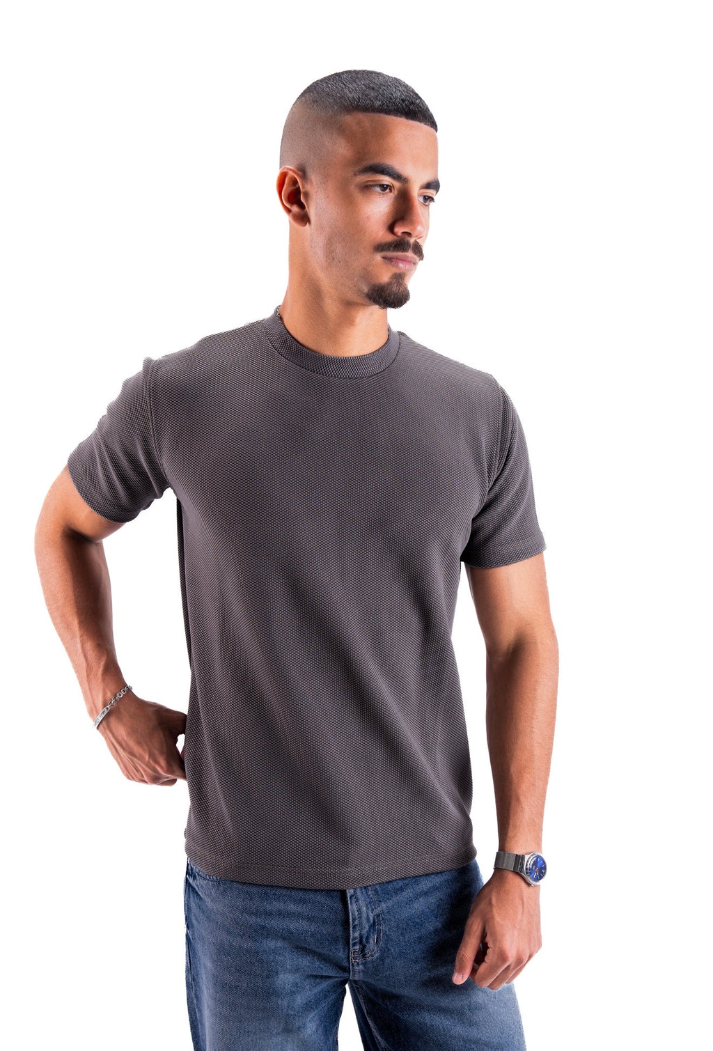 Grey Essential Textured round t.shirt