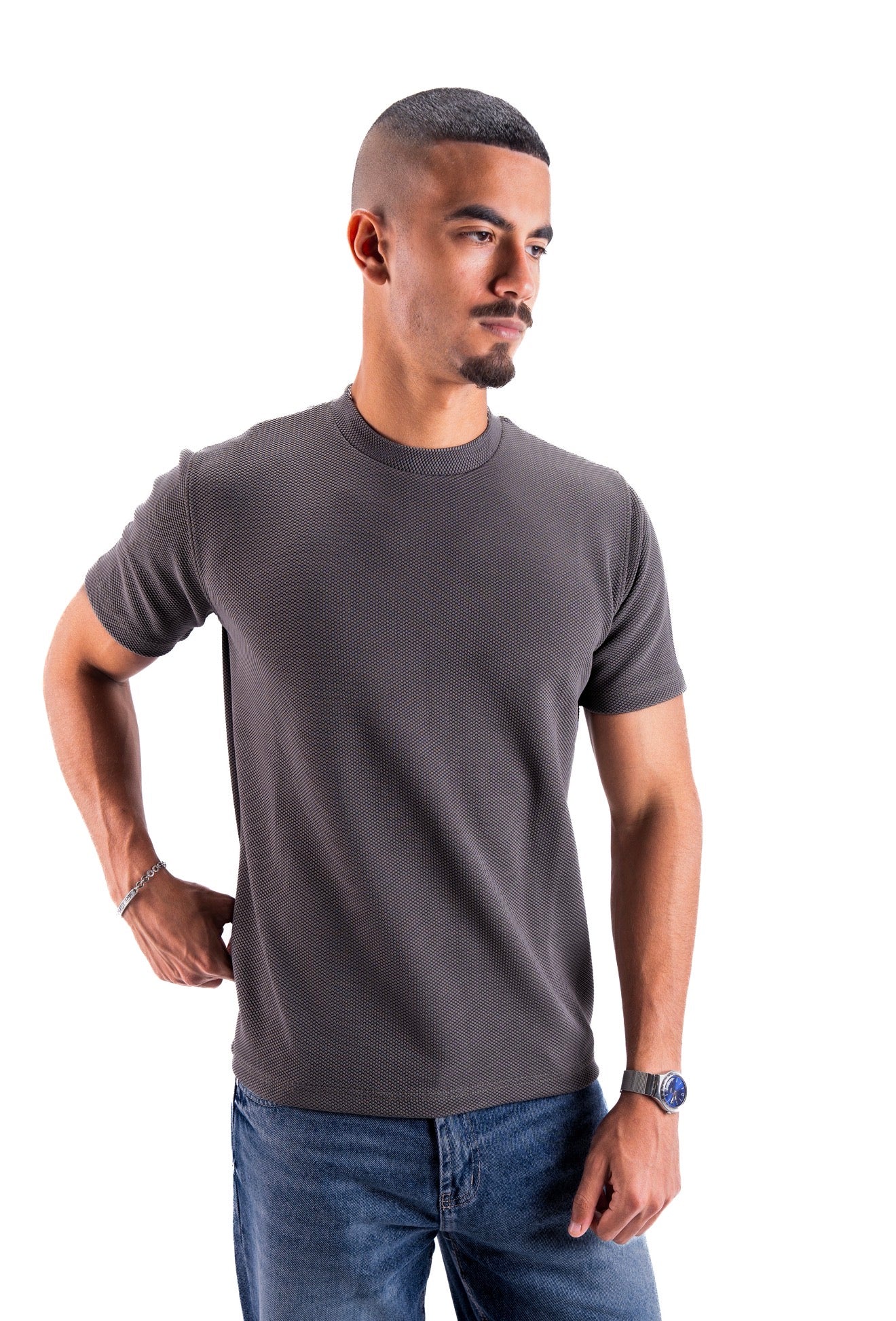 Grey Essential Textured round t.shirt
