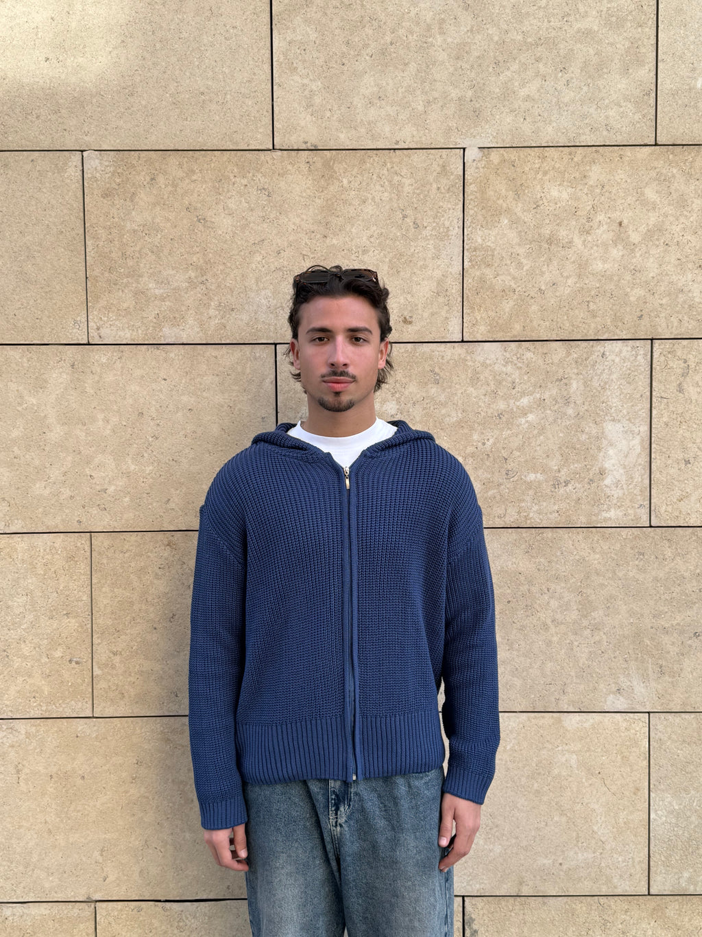 Blue zip up knitted jacket