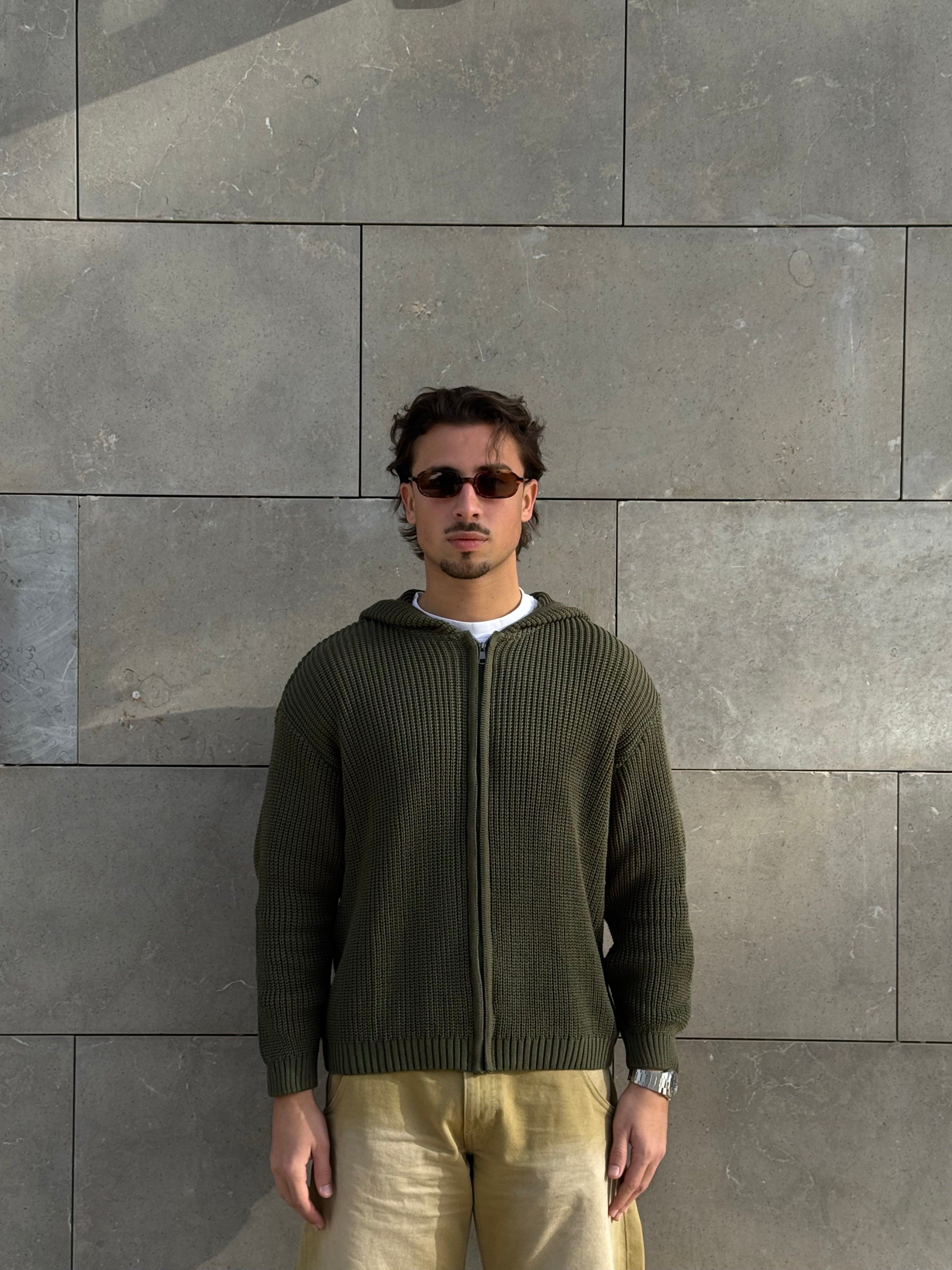 olive zip up knitted jacket