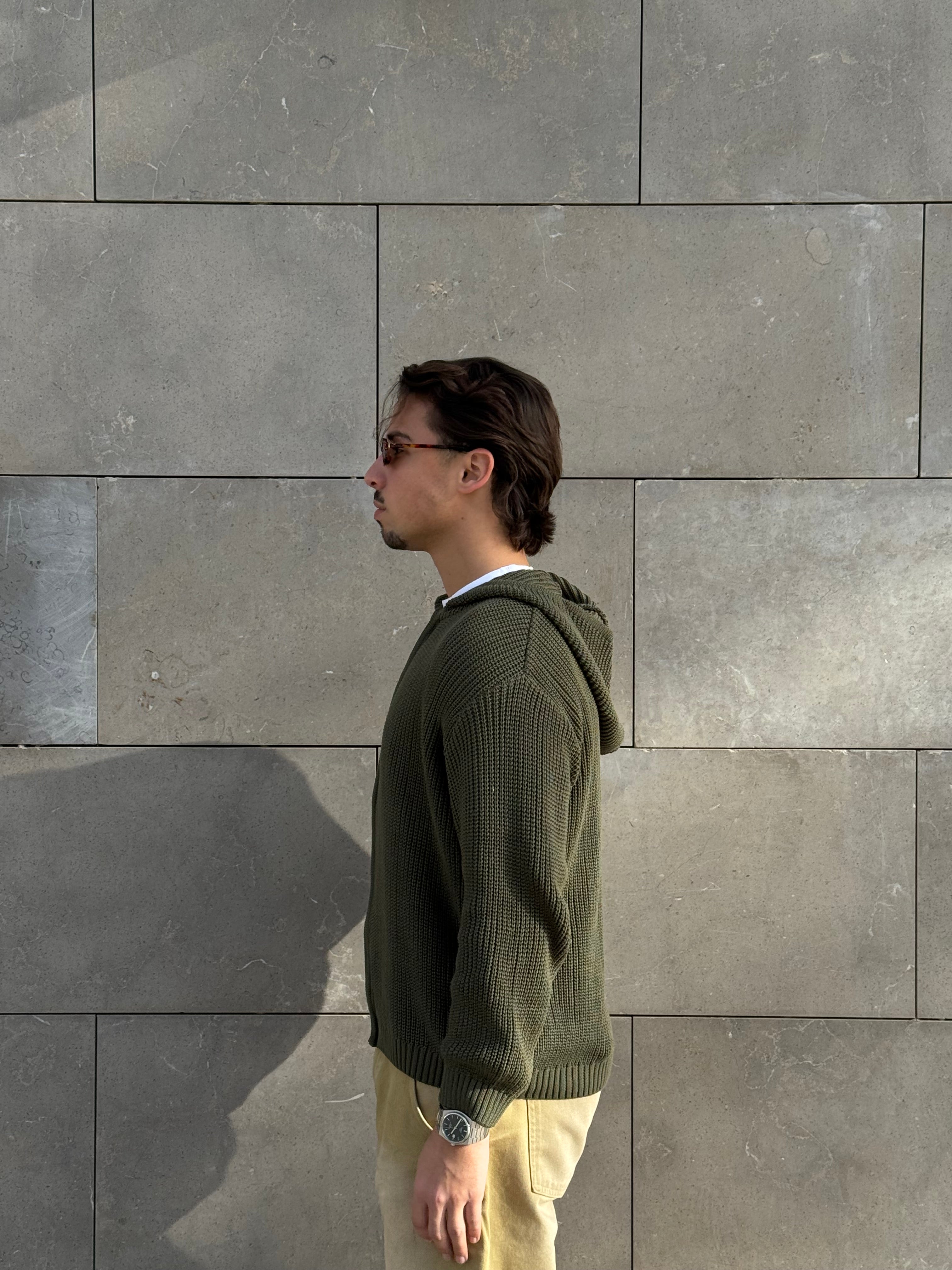 olive zip up knitted jacket