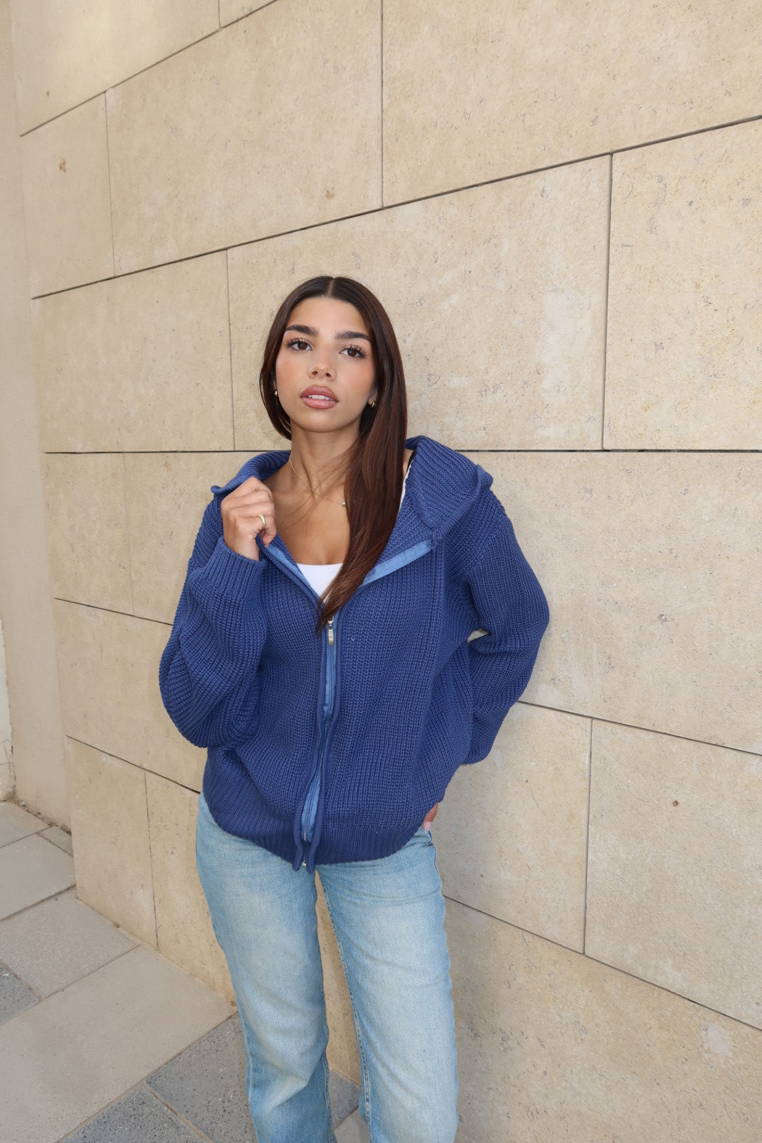 Blue zip up knitted jacket
