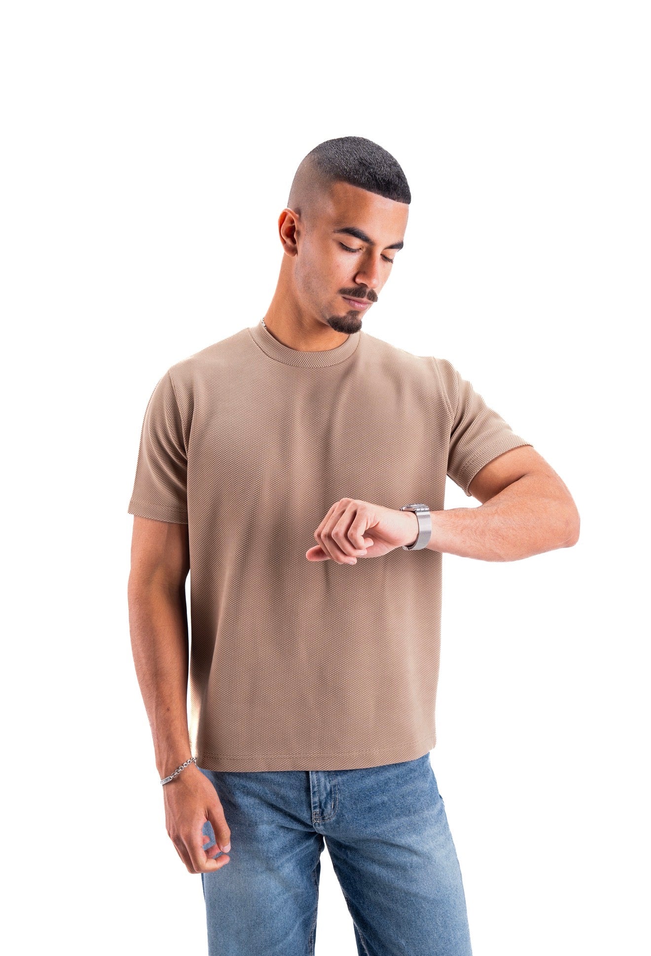 Nude beige Essential Textured round t.shirt