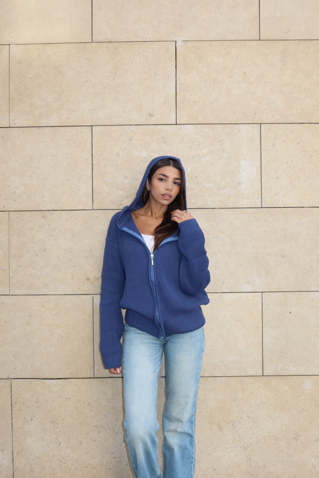 Blue zip up knitted jacket