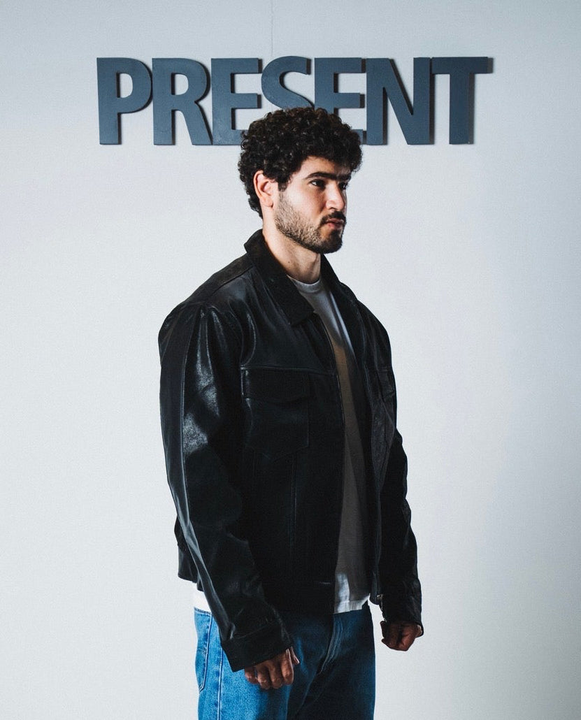 Men black leather jacket