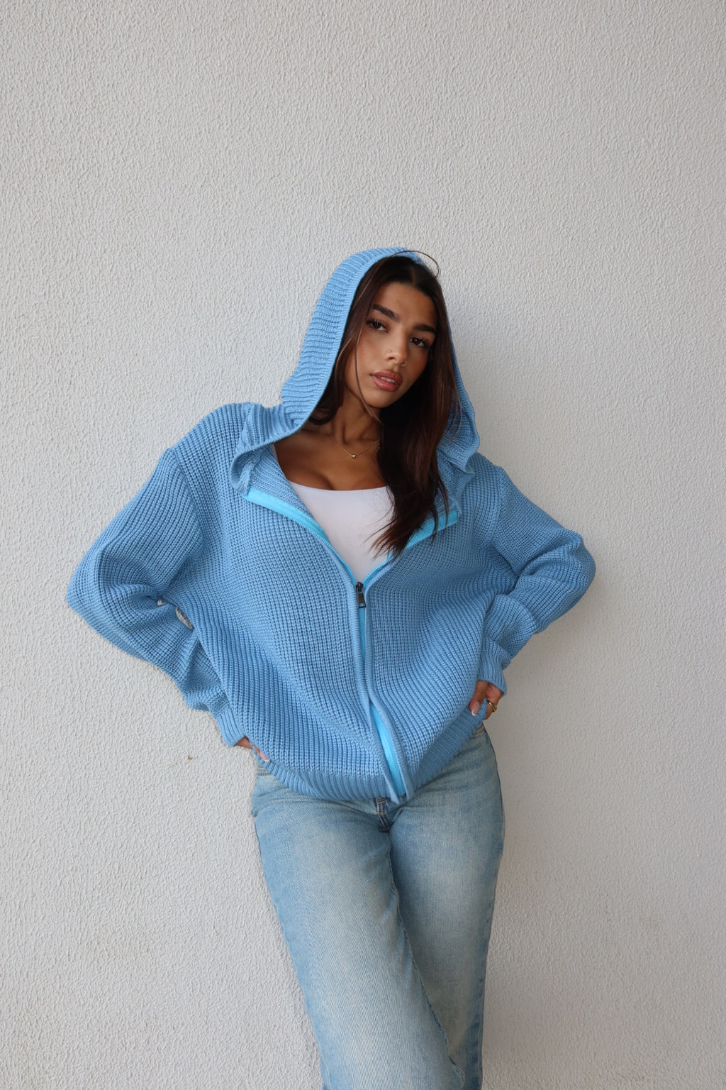Baby blue zip up knitted jacket