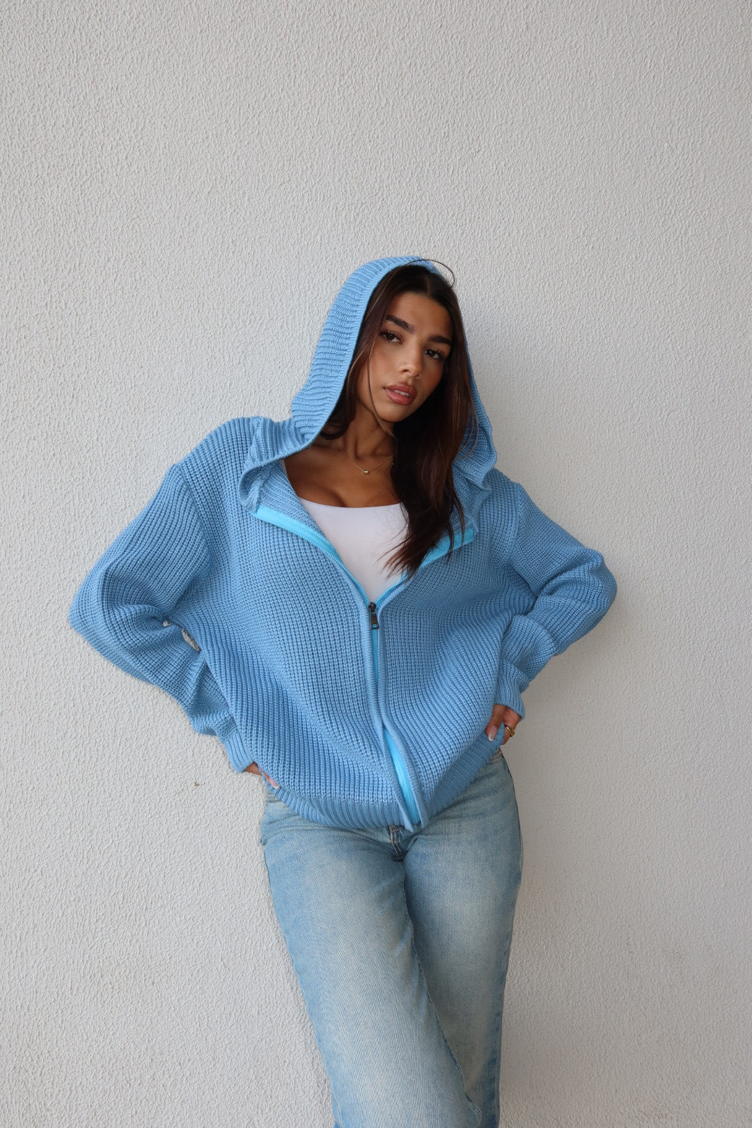 Baby blue zip up knitted jacket
