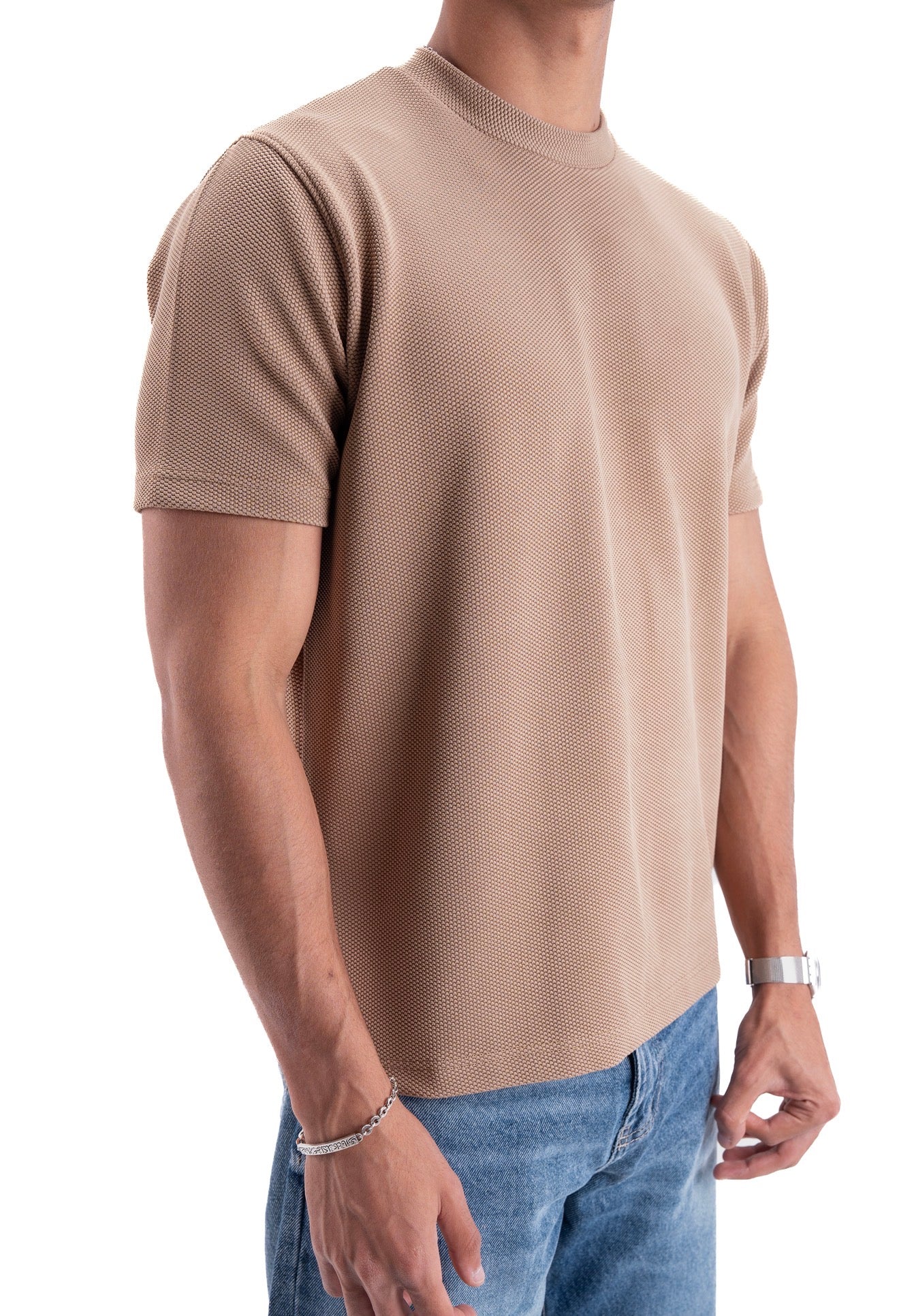 Nude beige Essential Textured round t.shirt